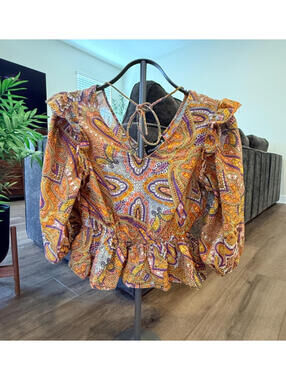 Anthropologie Broadway 38 Paisley Print Puff Sleeve Top Boho Womens Medium